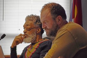 Councilmember Naemon Thurman (left) and Councilmember Aaron Williamson are seen listening during a session of Trinidad City Council at Trinidad City Hall. Benjamin Mandile / The Chronicle-News