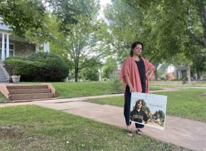 Suzanne Magnuson is seen in front of a Trinidad residence shwoing off her campaign sign in this August 2023 file photo. Courtesy of Suzanne Magnuson